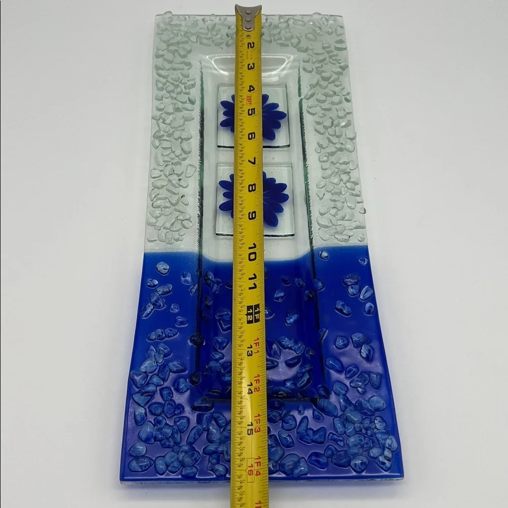Fused Glass Art Tray Serving Platter with Pebble Finish and Blue Daisy Design